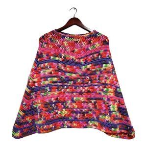 Hand Knitted Crochet Colorful Striped Shawl Poncho Bright Colors Warm One Size